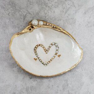 Hand Painted Shell Gold Heart with pearls & Crystals Trinket Dish Gold Leaf Trim